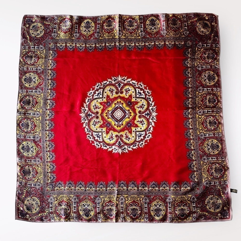 VTG 60s Queen Pearl by Yamashita Brand Acetate Silky Scarf Headscarf Paisley Red - Picture 10 of 14